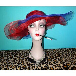 Vintage Purple & Red Sheer Wide Brim Sun Hat summer church hat pinup retro glam